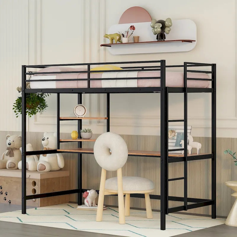 Black Twin Size Metal Loft Bed with Desk, Ladder, and Shelf for Kids