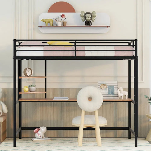 Lit mezzanine en métal noir, format simple, avec bureau, échelle et étagère pour enfants