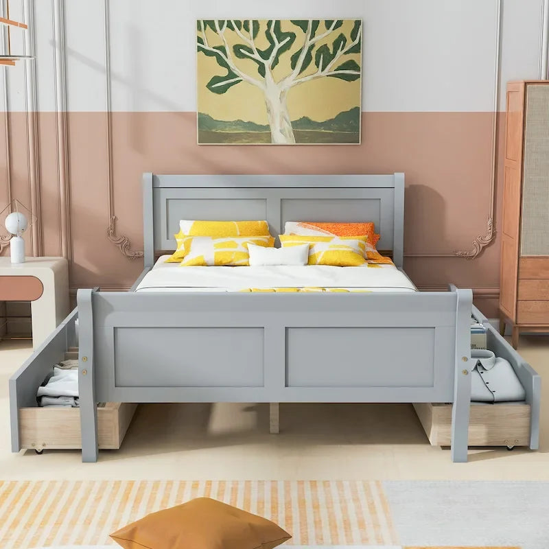 Full Pine Wood Platform Bed with 4 Drawers & Design
