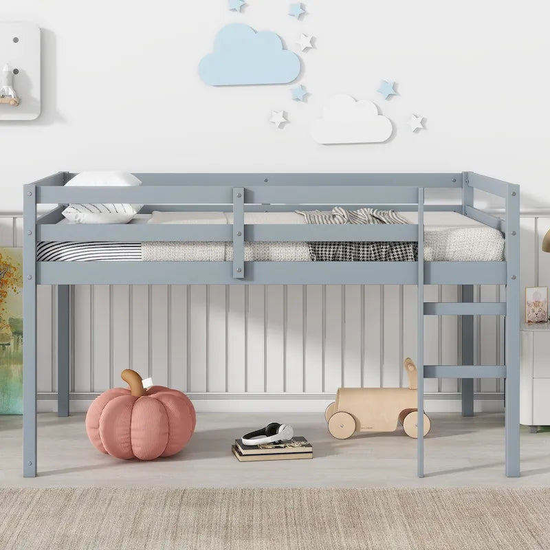 Cama alta de madeira de seringueira cinzenta tamanho Twin com ripas reforçadas