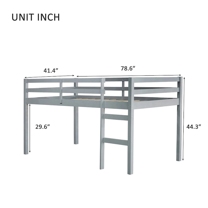 Grey Twin Rubber Wood Loft Bed with Strengthened Slats
