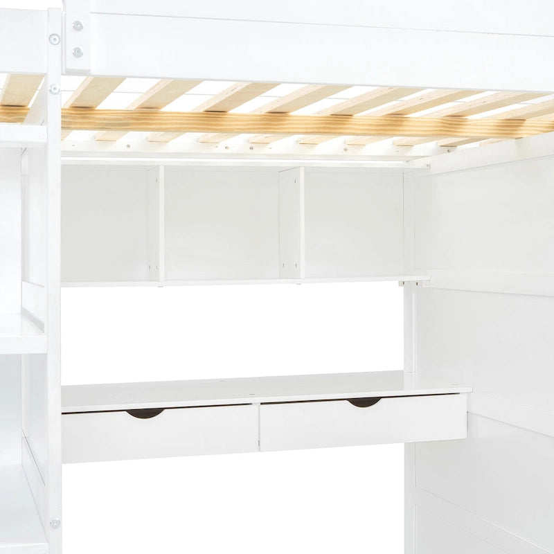 Solid Wood Loft Bed with Desk, Wardrobes, and Shelves