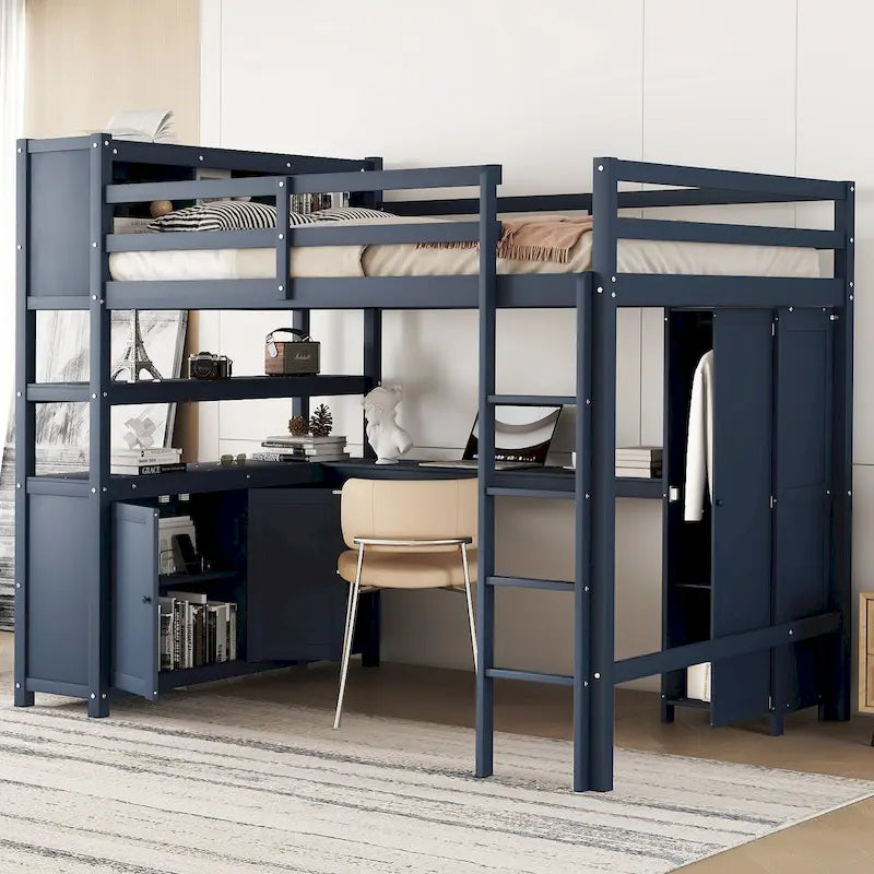 Hochbett aus Kiefernholz in Full Size mit Schrank und Schreibtisch