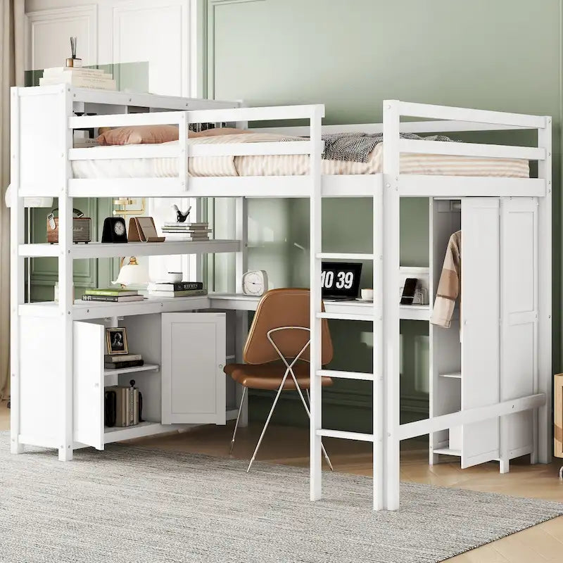 Full Pine Wood Loft Bed with Cabinet & Desk