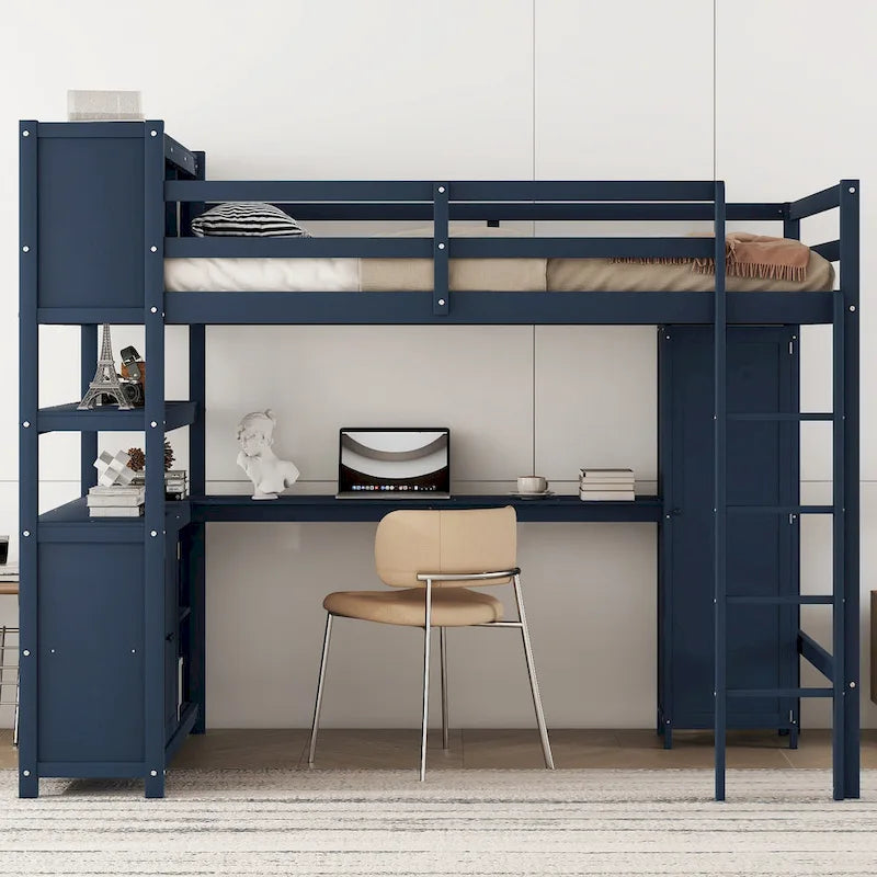 Hochbett aus Kiefernholz in Full Size mit Schrank und Schreibtisch