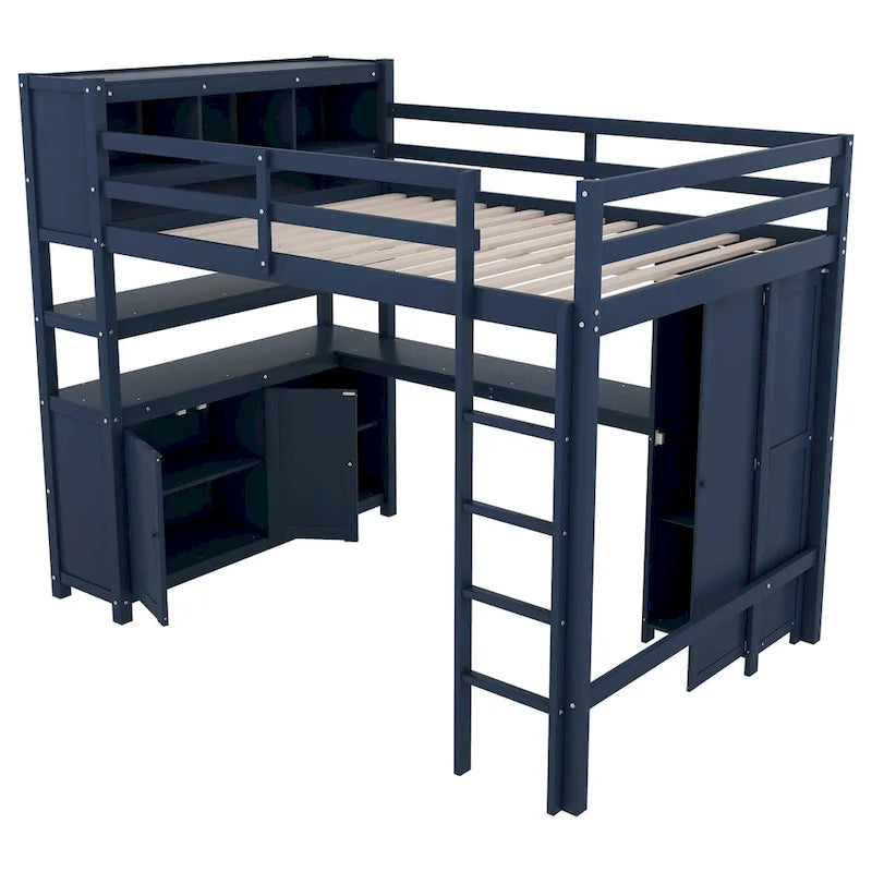 Hochbett aus Kiefernholz in Full Size mit Schrank und Schreibtisch