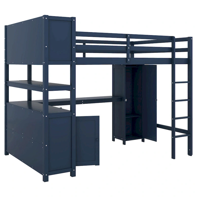 Hochbett aus Kiefernholz in Full Size mit Schrank und Schreibtisch