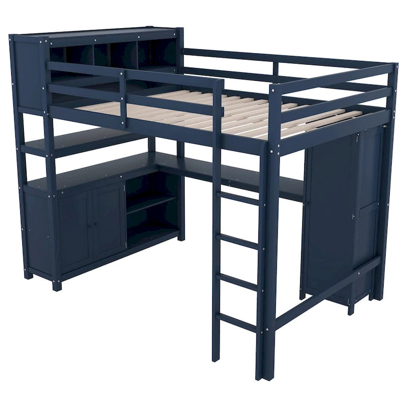 Hochbett aus Kiefernholz in Full Size mit Schrank und Schreibtisch