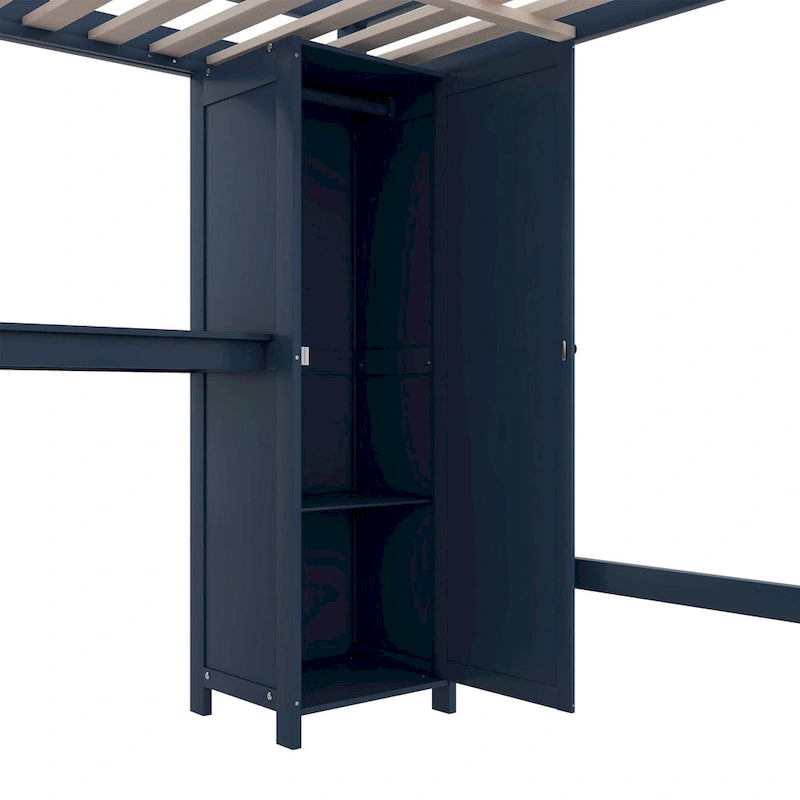 Hochbett aus Kiefernholz in Full Size mit Schrank und Schreibtisch