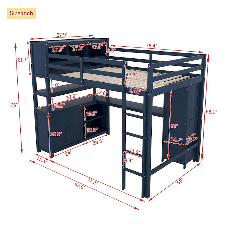Hochbett aus Kiefernholz in Full Size mit Schrank und Schreibtisch
