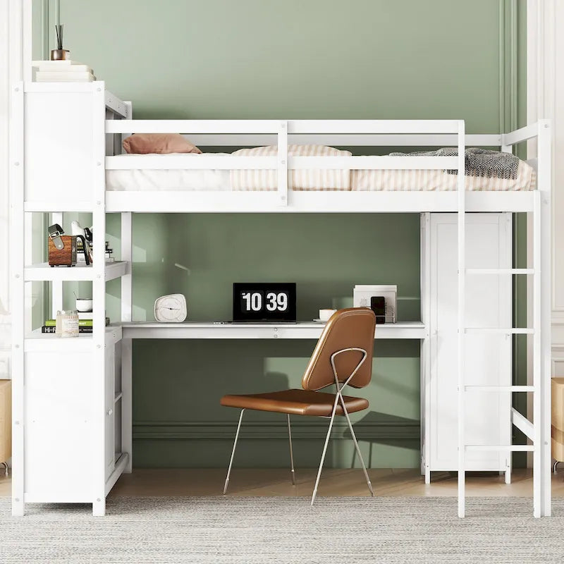 Hochbett aus Kiefernholz in Full Size mit Schrank und Schreibtisch