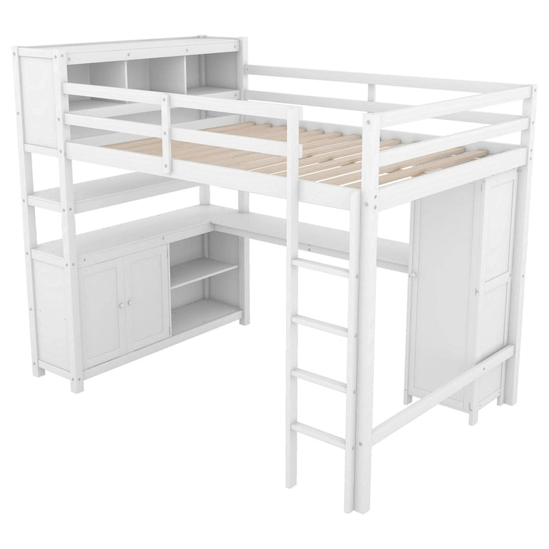Hochbett aus Kiefernholz in Full Size mit Schrank und Schreibtisch