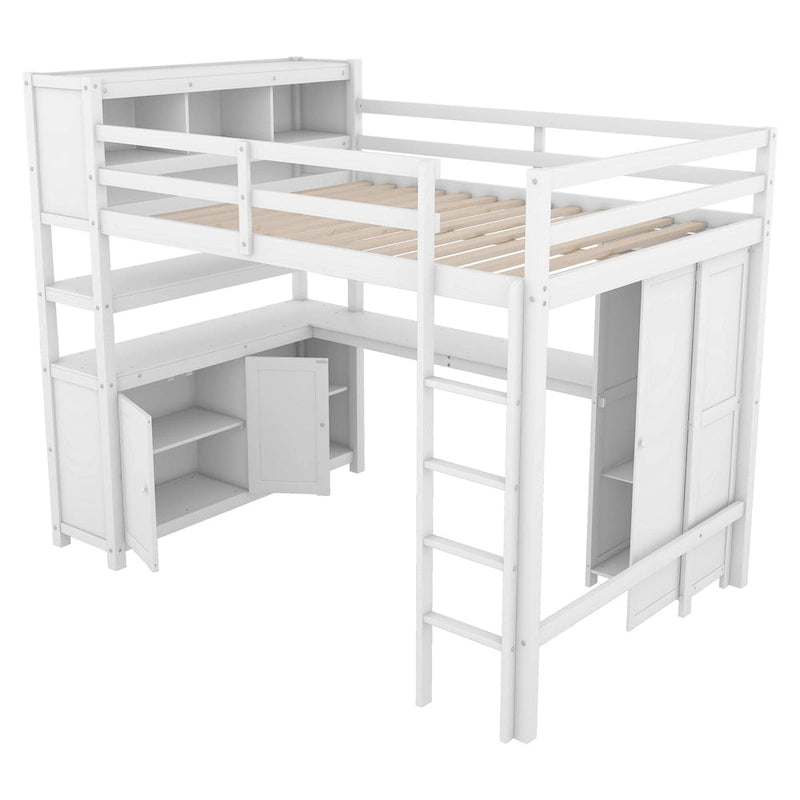 Hochbett aus Kiefernholz in Full Size mit Schrank und Schreibtisch