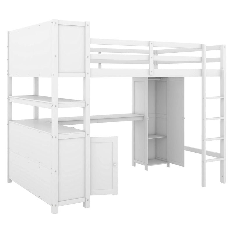 Hochbett aus Kiefernholz in Full Size mit Schrank und Schreibtisch