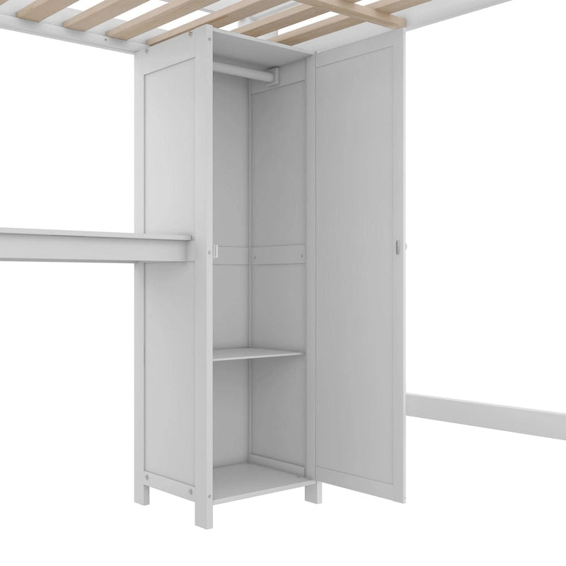 Hochbett aus Kiefernholz in Full Size mit Schrank und Schreibtisch