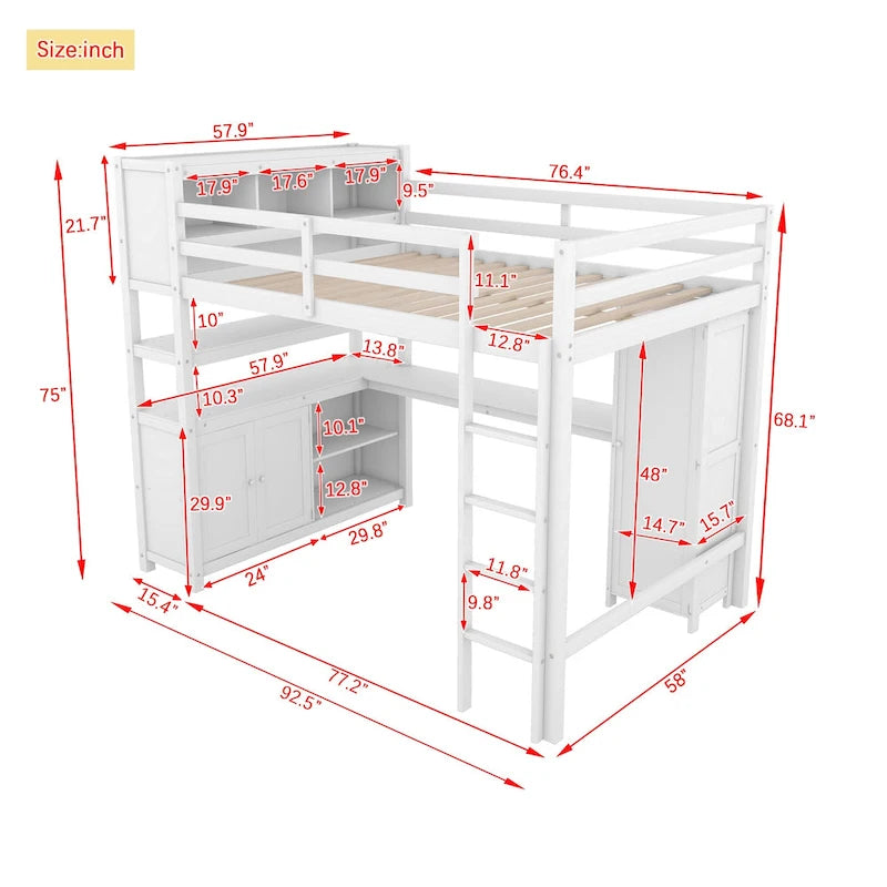 Hochbett aus Kiefernholz in Full Size mit Schrank und Schreibtisch