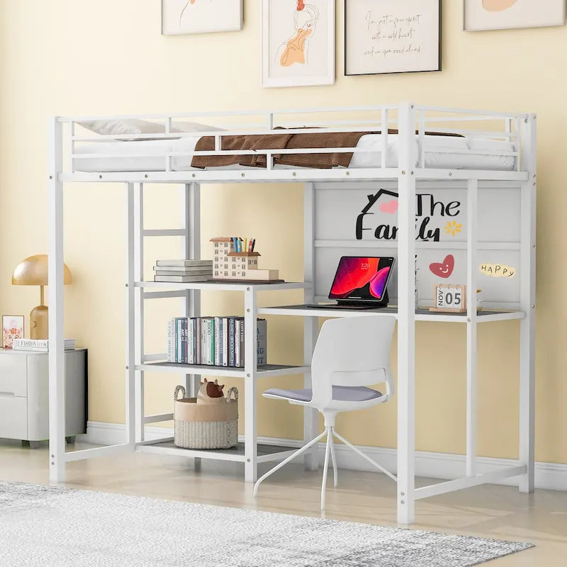 Weißes Metall-Hochbett in Twin Size mit Schreibtisch, Whiteboard, Regalen und Leiter