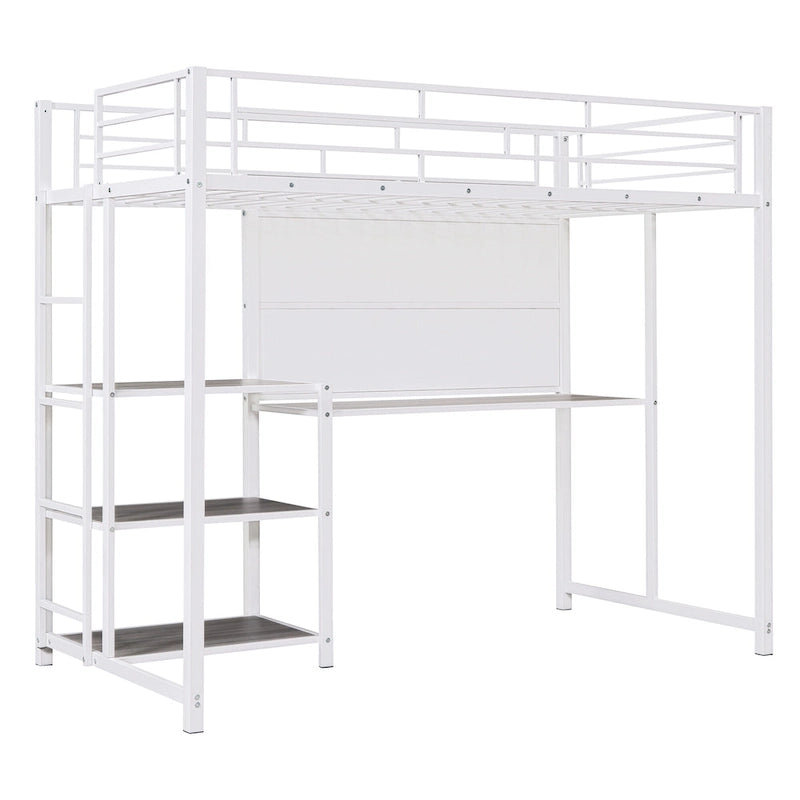 Weißes Metall-Hochbett in Twin Size mit Schreibtisch, Whiteboard, Regalen und Leiter