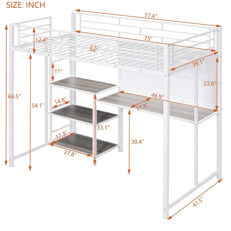 Weißes Metall-Hochbett in Twin Size mit Schreibtisch, Whiteboard, Regalen und Leiter