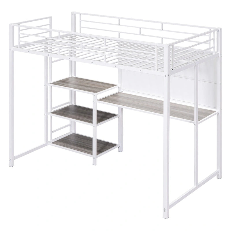Weißes Metall-Hochbett in Twin Size mit Schreibtisch, Whiteboard, Regalen und Leiter