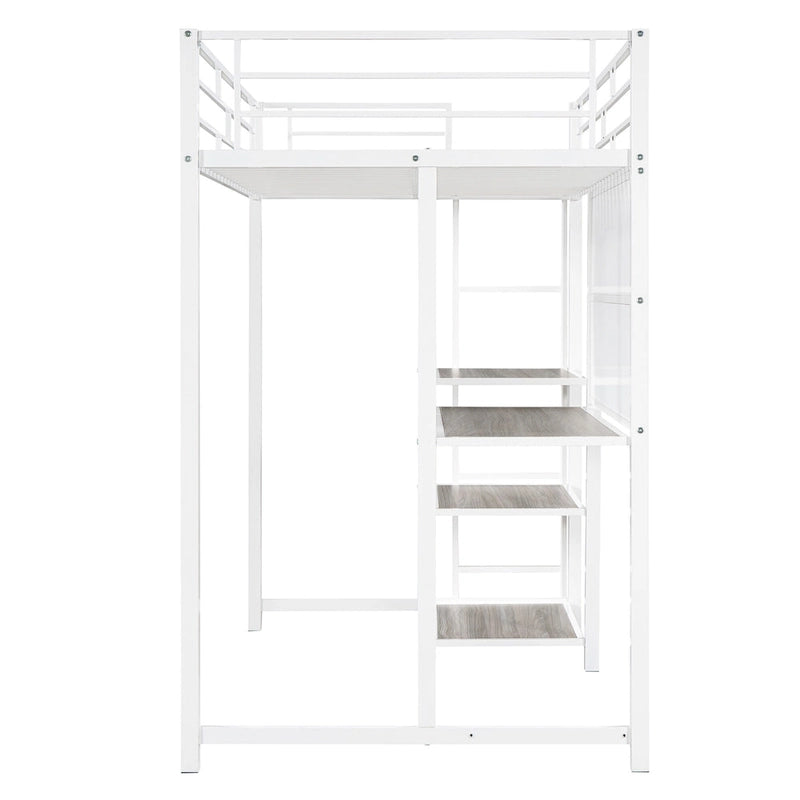 Weißes Metall-Hochbett in Twin Size mit Schreibtisch, Whiteboard, Regalen und Leiter