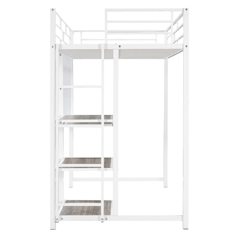 Weißes Metall-Hochbett in Twin Size mit Schreibtisch, Whiteboard, Regalen und Leiter