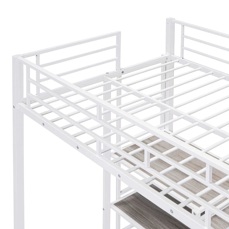 Weißes Metall-Hochbett in Twin Size mit Schreibtisch, Whiteboard, Regalen und Leiter