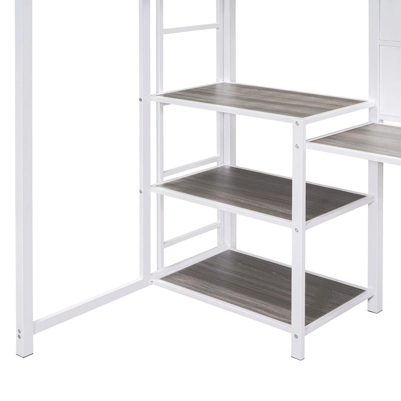 Weißes Metall-Hochbett in Twin Size mit Schreibtisch, Whiteboard, Regalen und Leiter