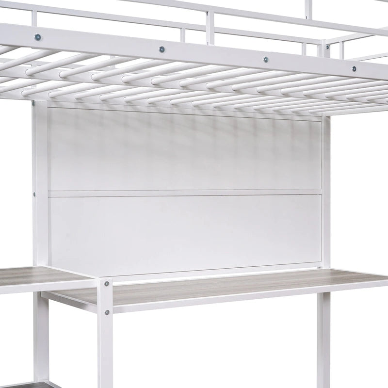 Weißes Metall-Hochbett in Twin Size mit Schreibtisch, Whiteboard, Regalen und Leiter