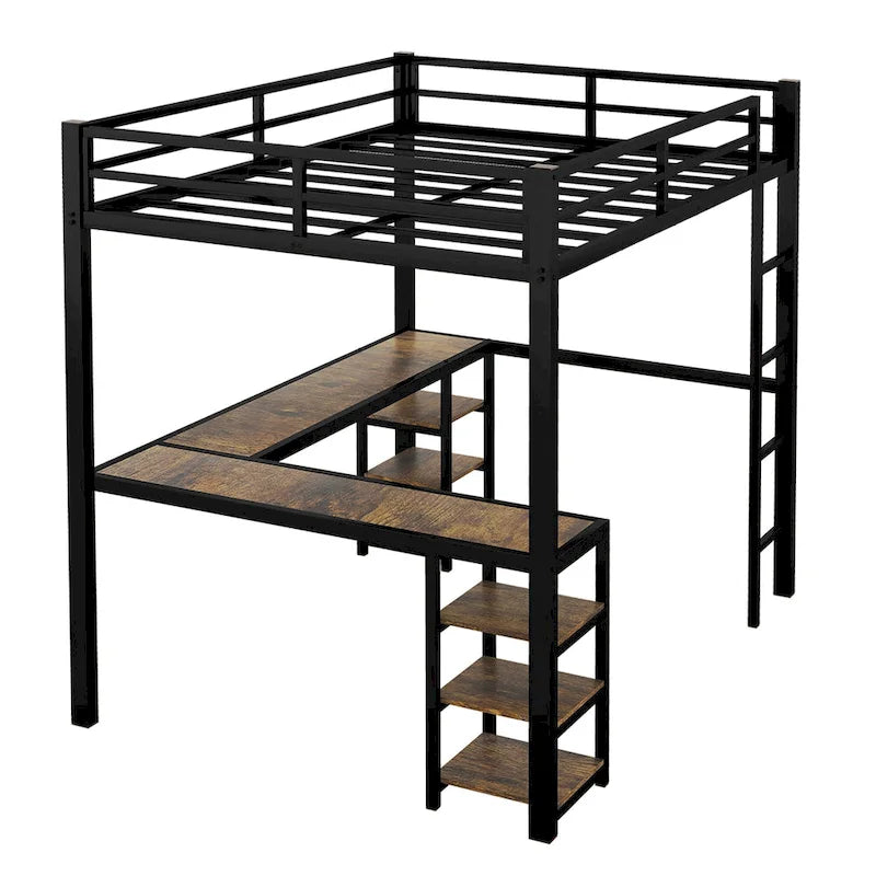 Twin XL Size Metal Loft Bed with Desk, Shelves, Ladder, and Guardrails