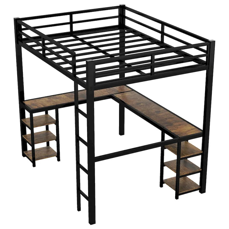 Twin XL Size Metal Loft Bed with Desk, Shelves, Ladder, and Guardrails
