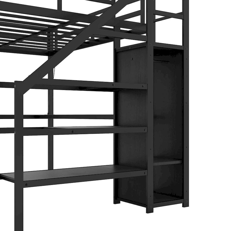 Full XL Size Metal Loft Bed with L-shaped Desk & USB