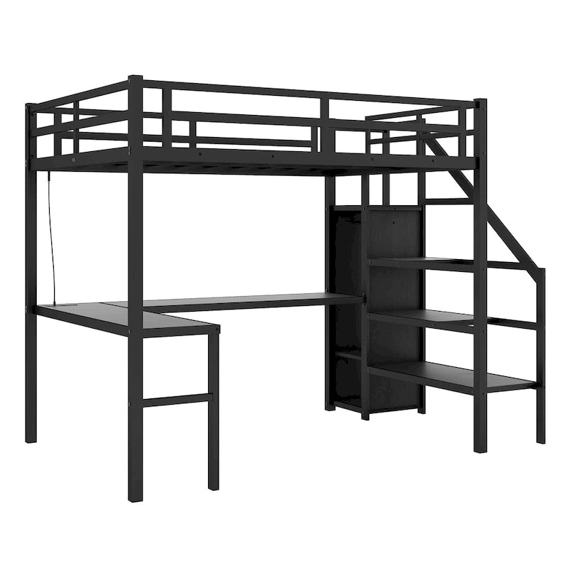 Full XL Size Metal Loft Bed with L-shaped Desk & USB