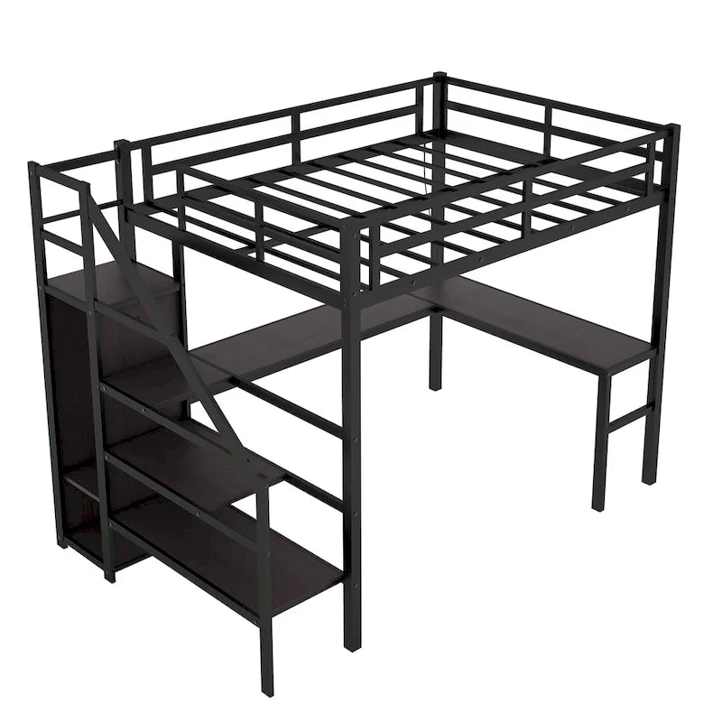 Full XL Size Metal Loft Bed with L-shaped Desk & USB