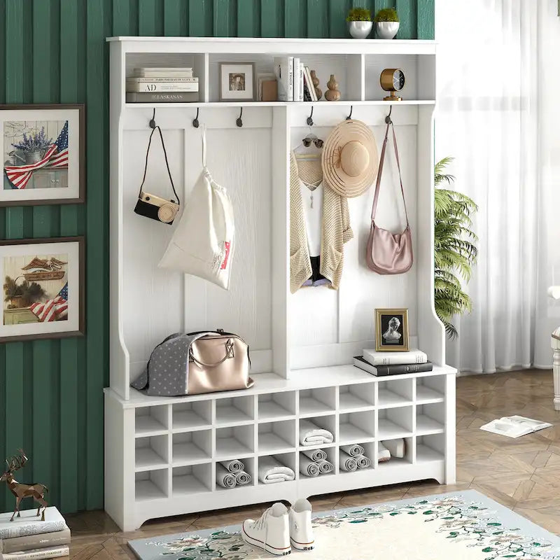 Hallway Coat Rack with Bench 60 Wide Hall Tree with Ample Storage Space and 24 Shoe Cubbies , White ( OLD SKU: WF286983AAK )