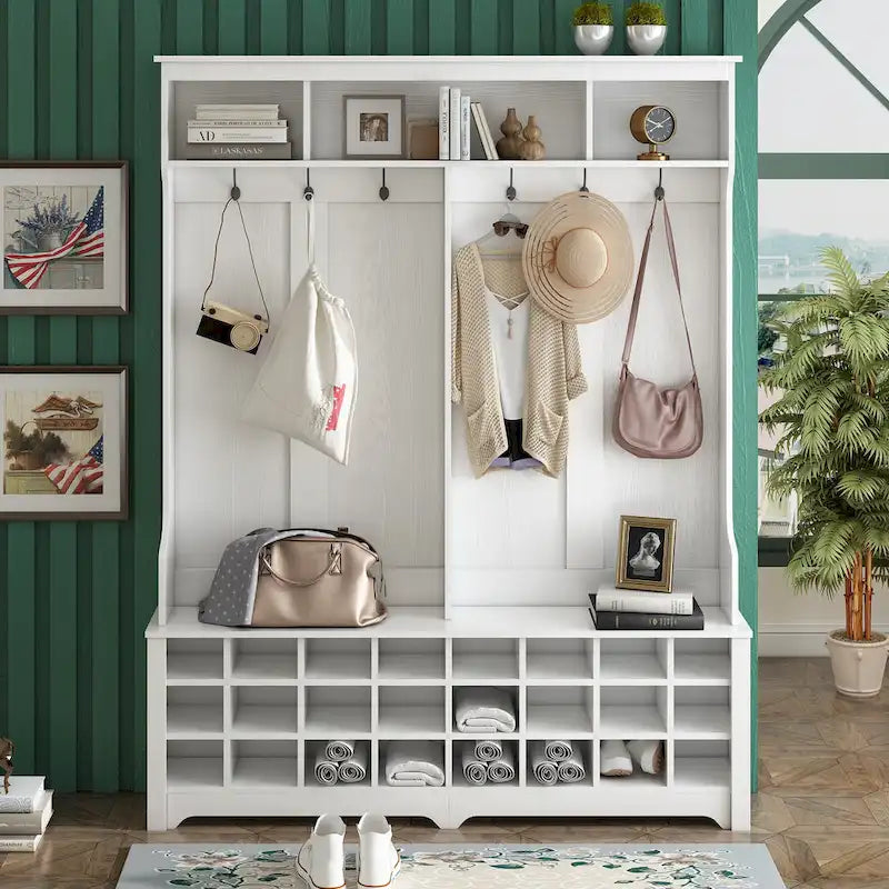 Hallway Coat Rack with Bench 60 Wide Hall Tree with Ample Storage Space and 24 Shoe Cubbies , White ( OLD SKU: WF286983AAK )