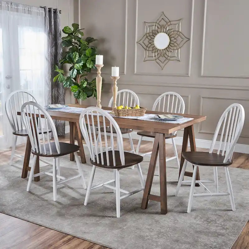 Farmhouse Cottage Wood Dining Table with 6 Chairs