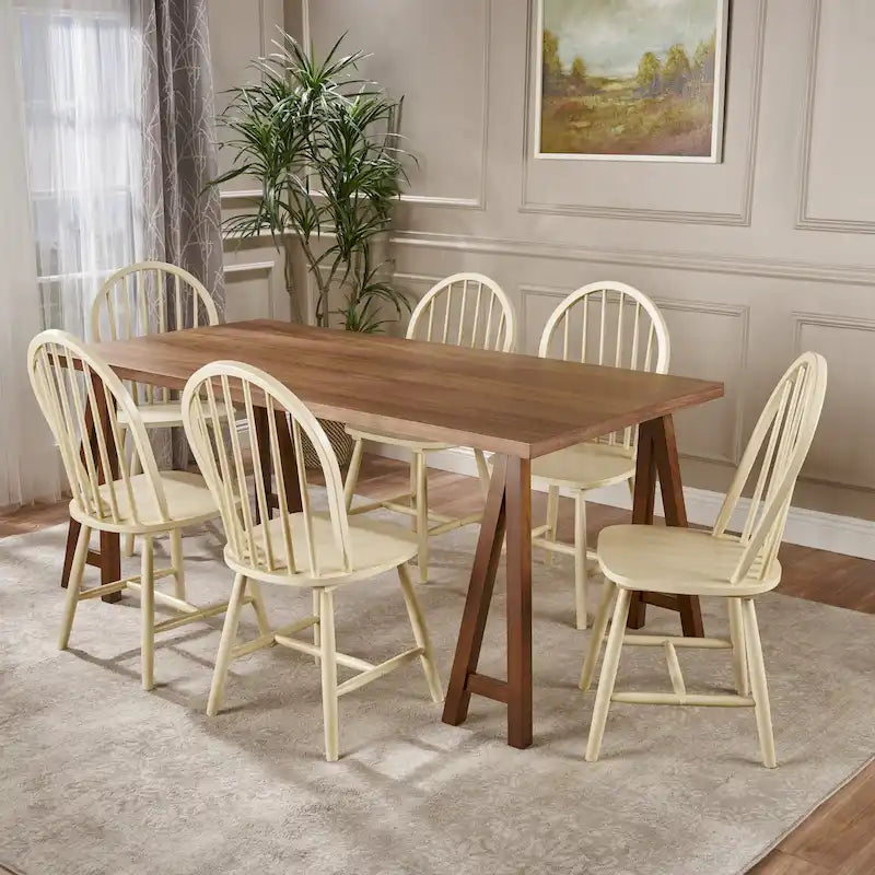 Farmhouse Cottage Wood Dining Table with 6 Chairs