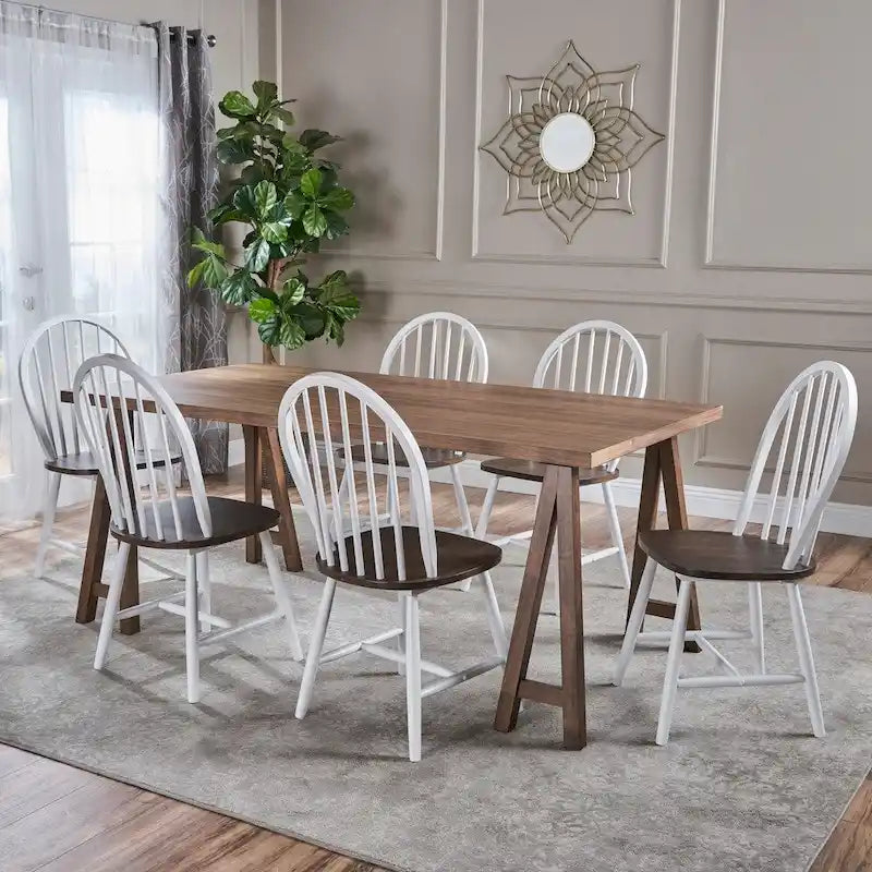 Farmhouse Cottage Wood Dining Table with 6 Chairs