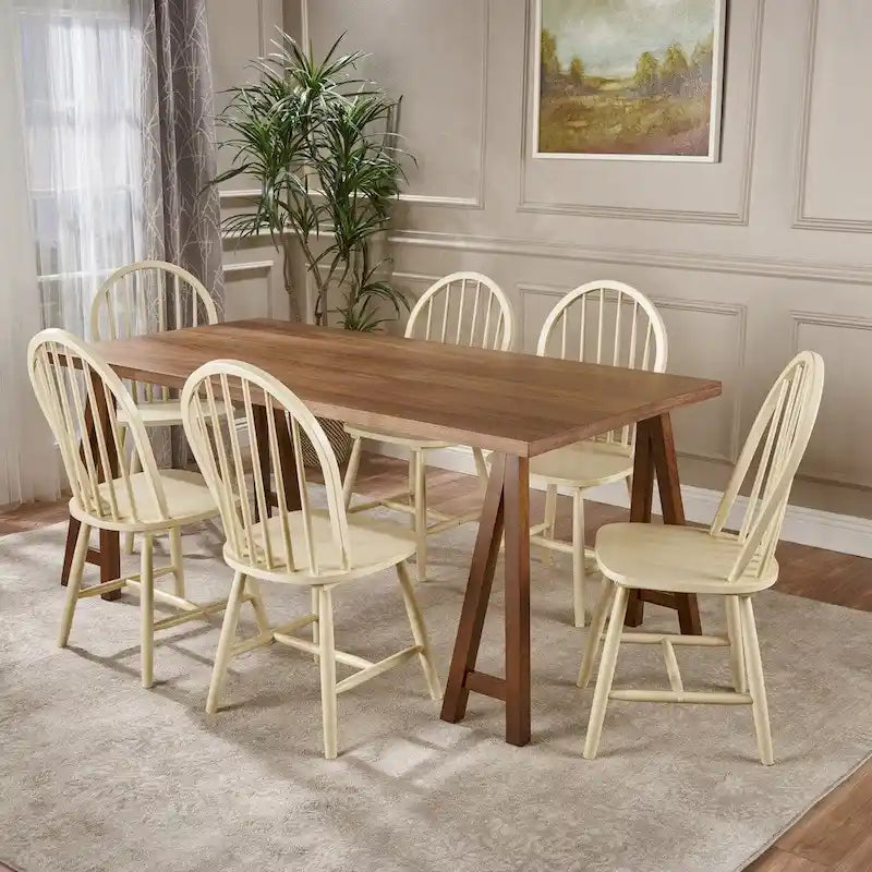 Farmhouse Cottage Wood Dining Table with 6 Chairs
