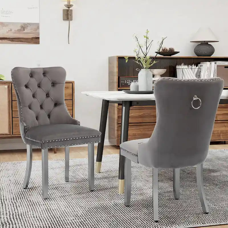 Tufted Velvet Dining Chair with Button Back, Nailhead Trim