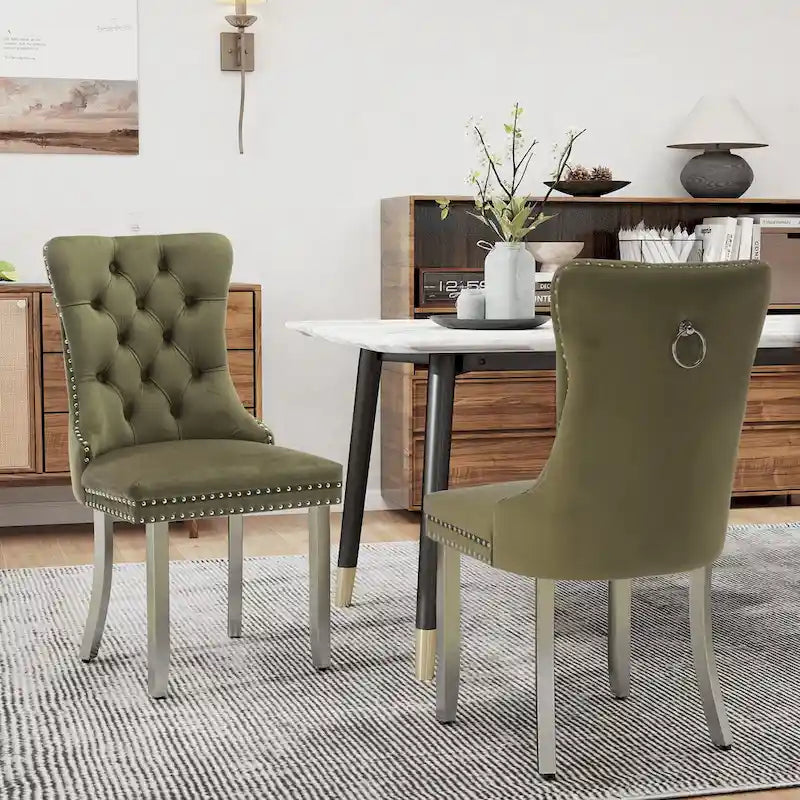 Tufted Velvet Dining Chair with Button Back, Nailhead Trim