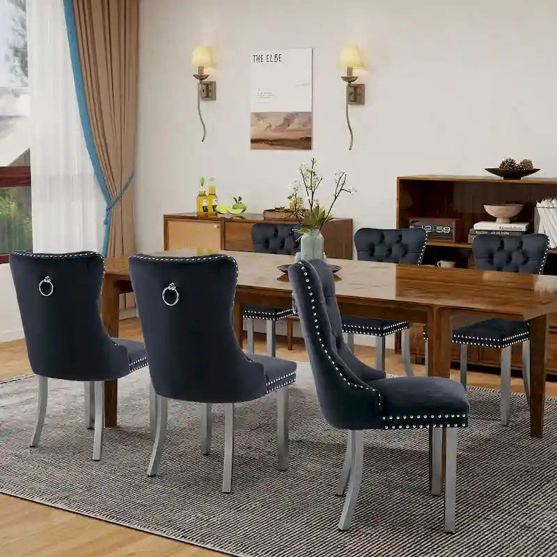 Tufted Velvet Dining Chair with Button Back, Nailhead Trim