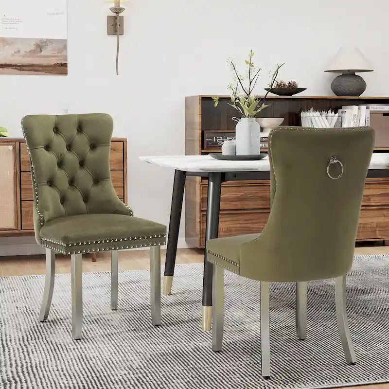 Tufted Velvet Dining Chair with Button Back, Nailhead Trim