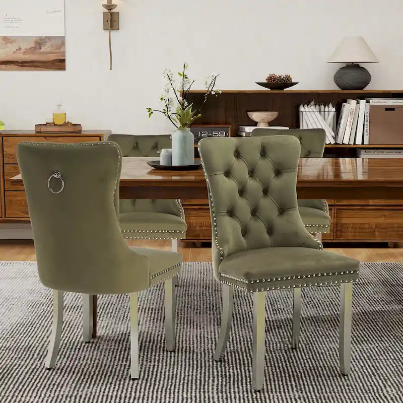 Tufted Velvet Dining Chair with Button Back, Nailhead Trim