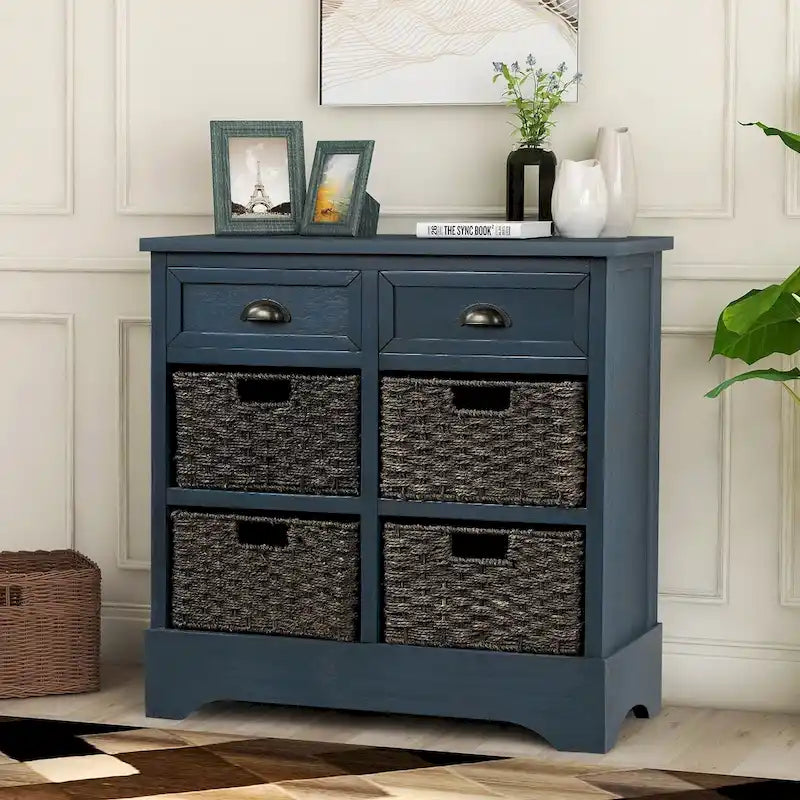 Storage Cabinet with 2 Drawers and 4 Classic Rattan Basket