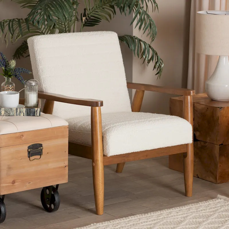 Stratton Mid-Century Modern Cream Boucle Fabric and Walnut Brown Finished Wood Armchair