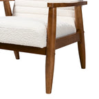 Mid-Century Modern Cream Boucle Fabric and Walnut Brown Finished Wood Armchair