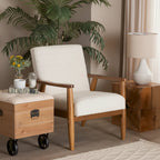 Mid-Century Modern Cream Boucle Fabric and Walnut Brown Finished Wood Armchair