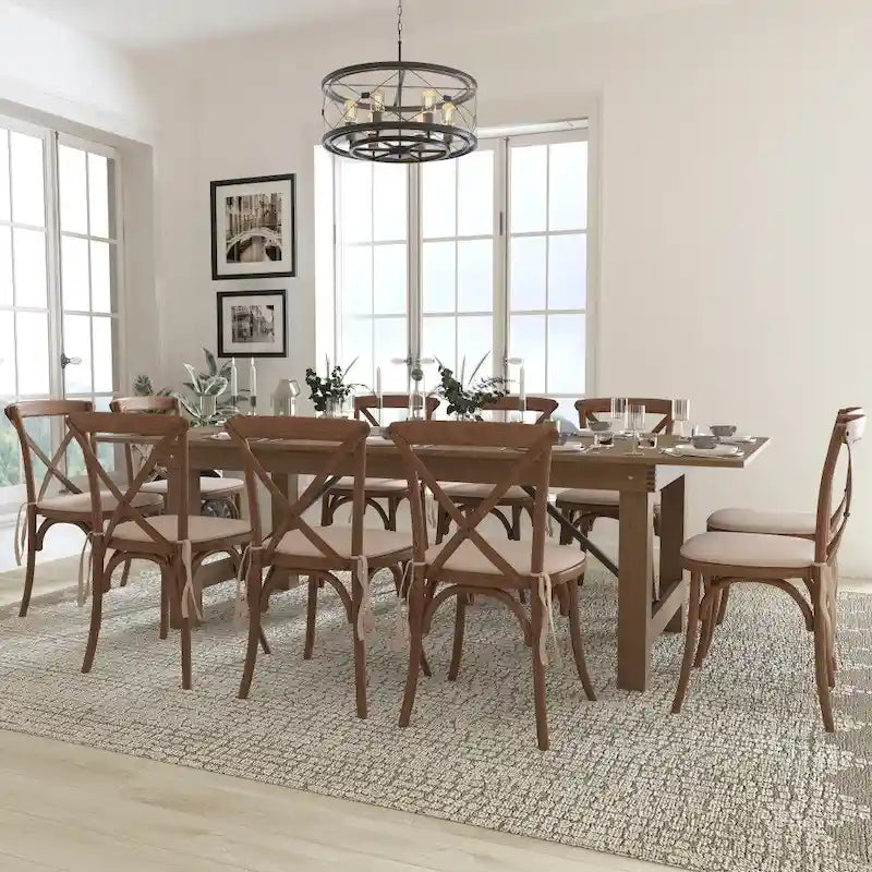 8' x 40 Rustic Folding Farm Table with 10 Cross Back Chairs and Cushions